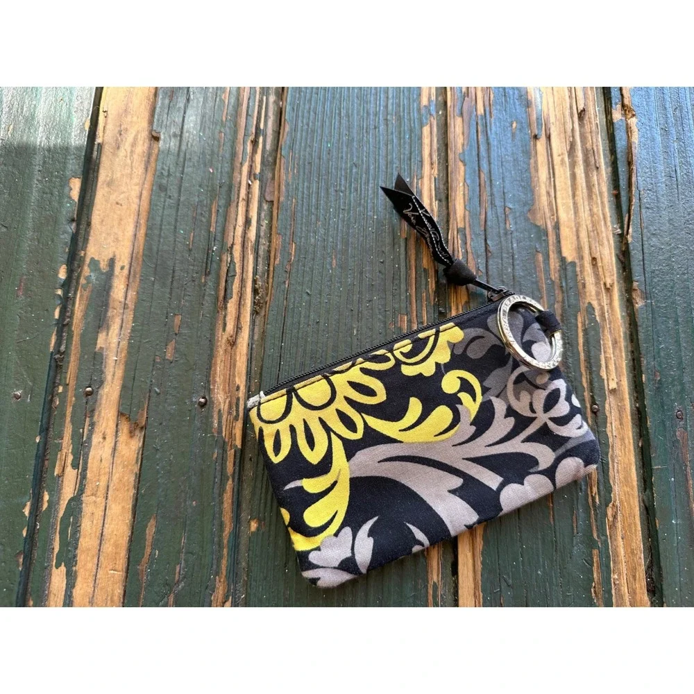 Vera Bradley Zip‎ ID Case Wallet Keychain Floral Yellow Grey Black Floral